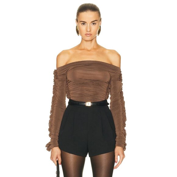 Saint Laurent Off the Shoulder Bodysuit in Terre Brown Long Sleeve - Picture 1 of 5
